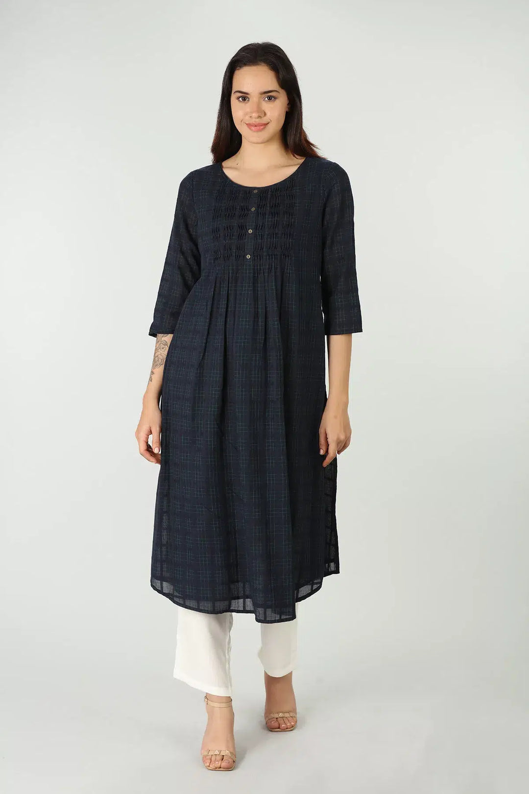 Navy check round neck kurti