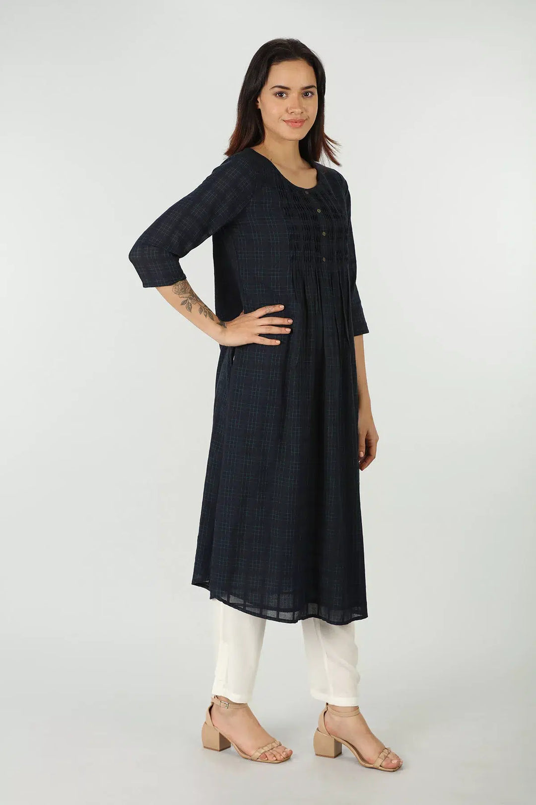 Navy check round neck kurti