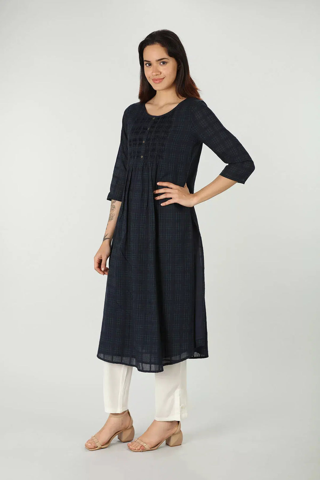 Navy check round neck kurti