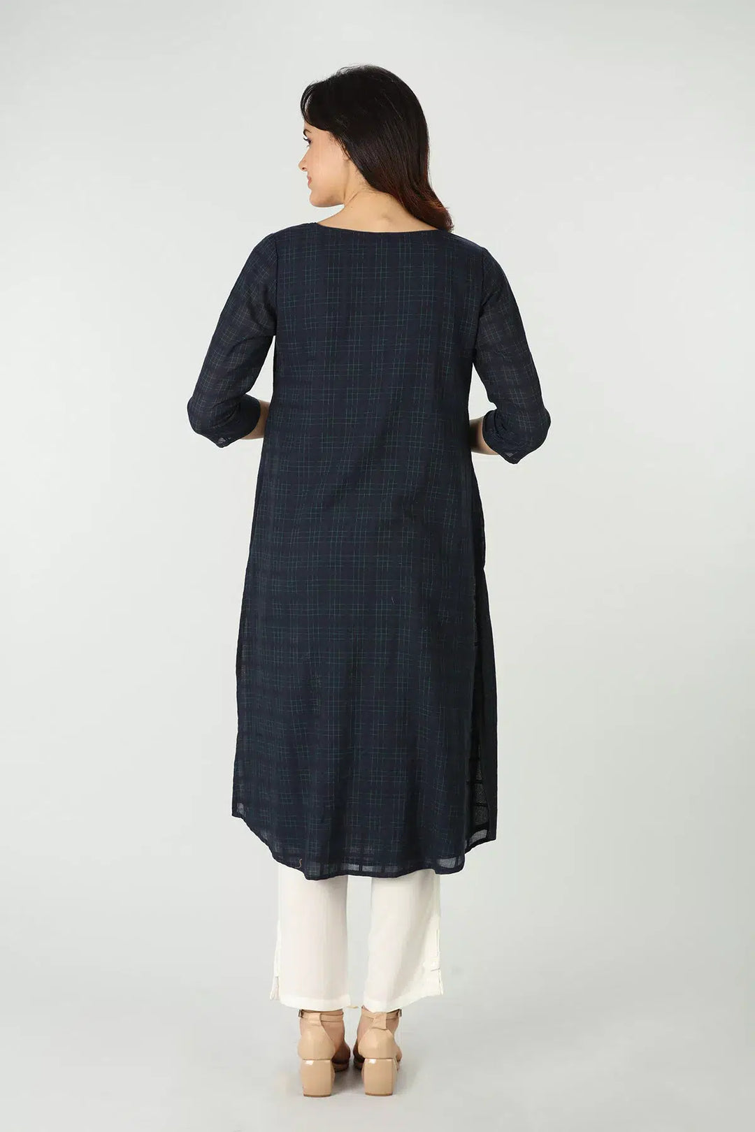 Navy check round neck kurti
