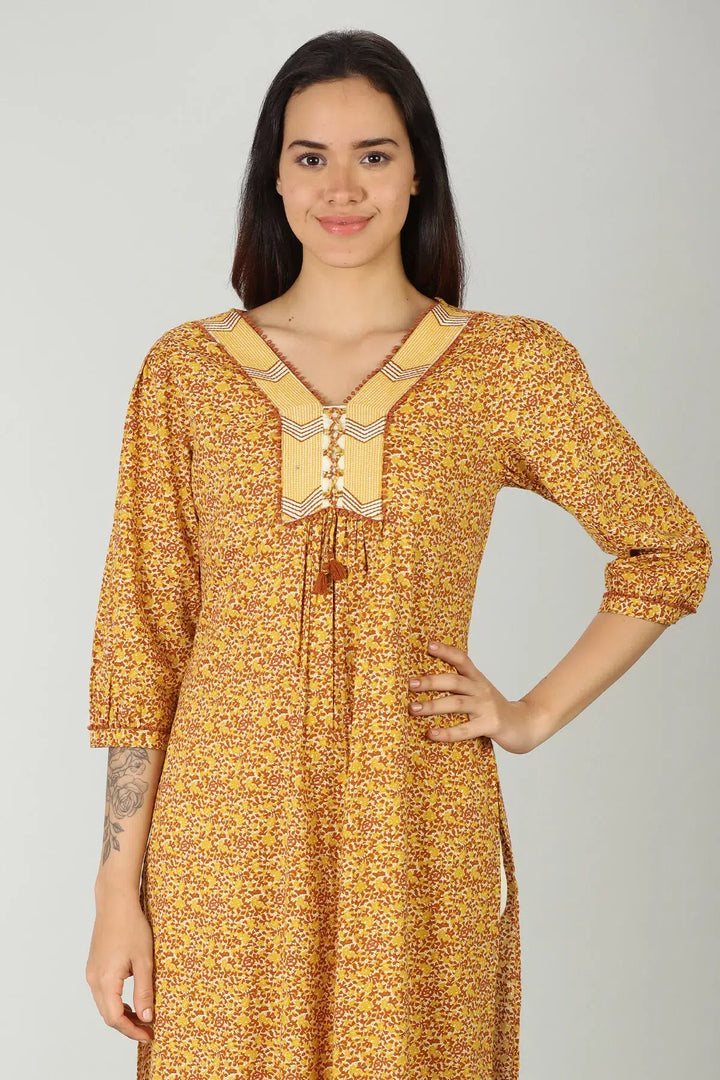 Mustard V-Neck Kurti (Printed)