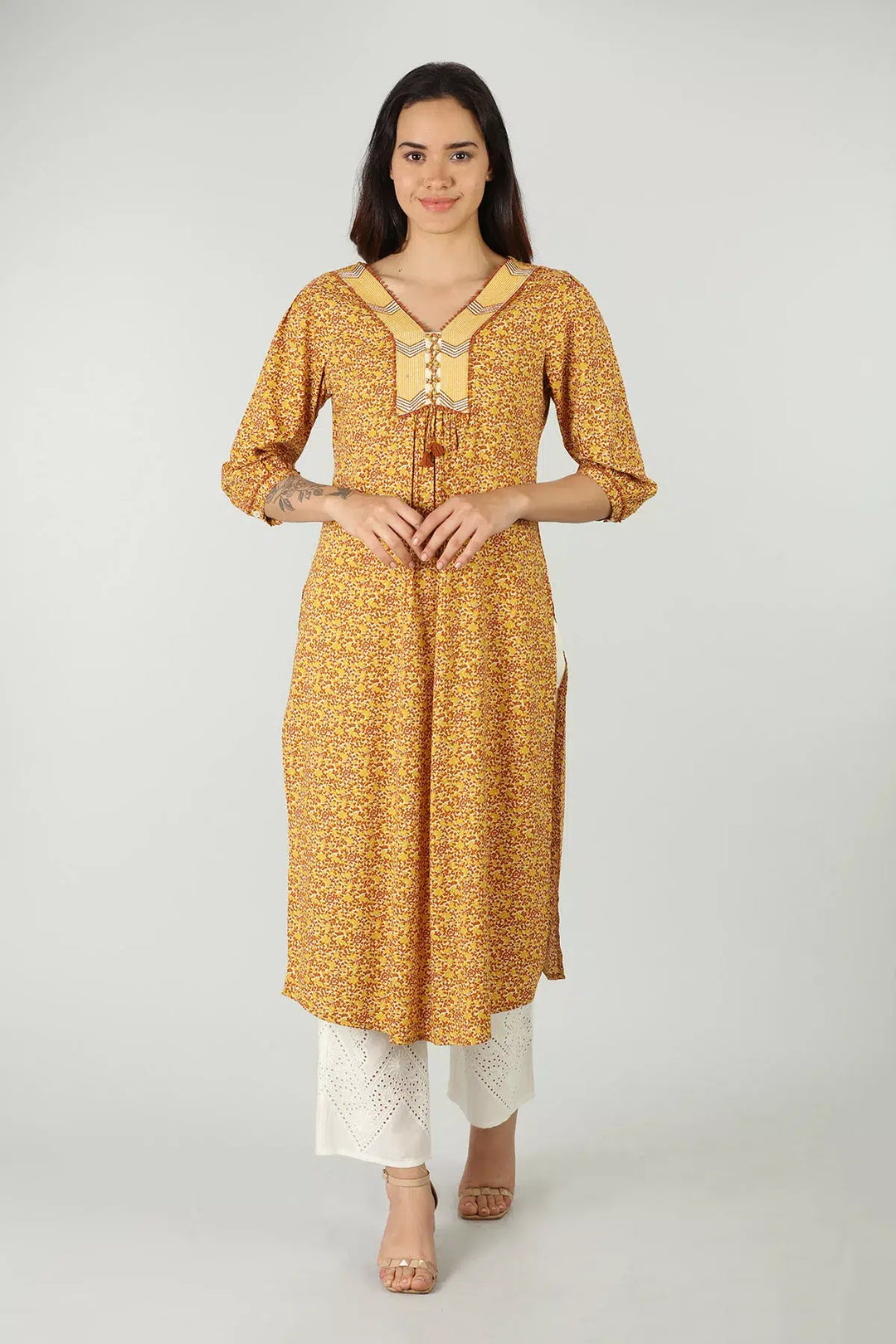 Mustard V-Neck Kurti (Printed)