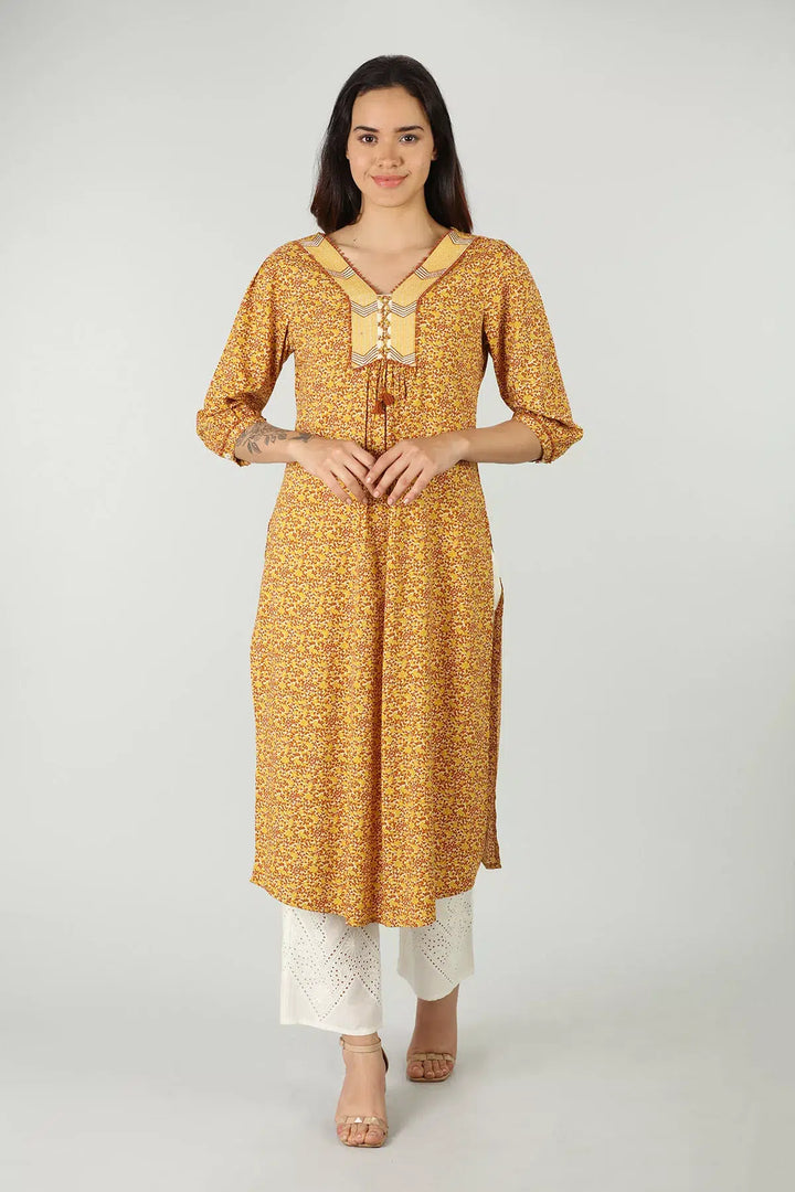 Mustard V-Neck Kurti (Printed)