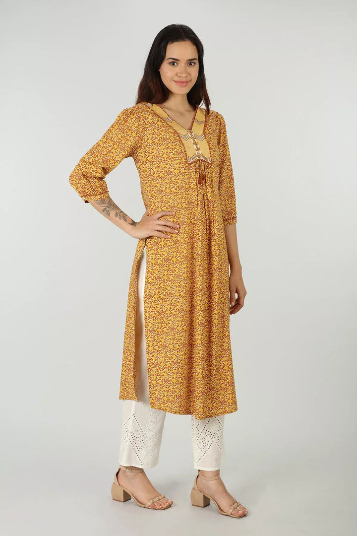 Mustard V-Neck Kurti (Printed)