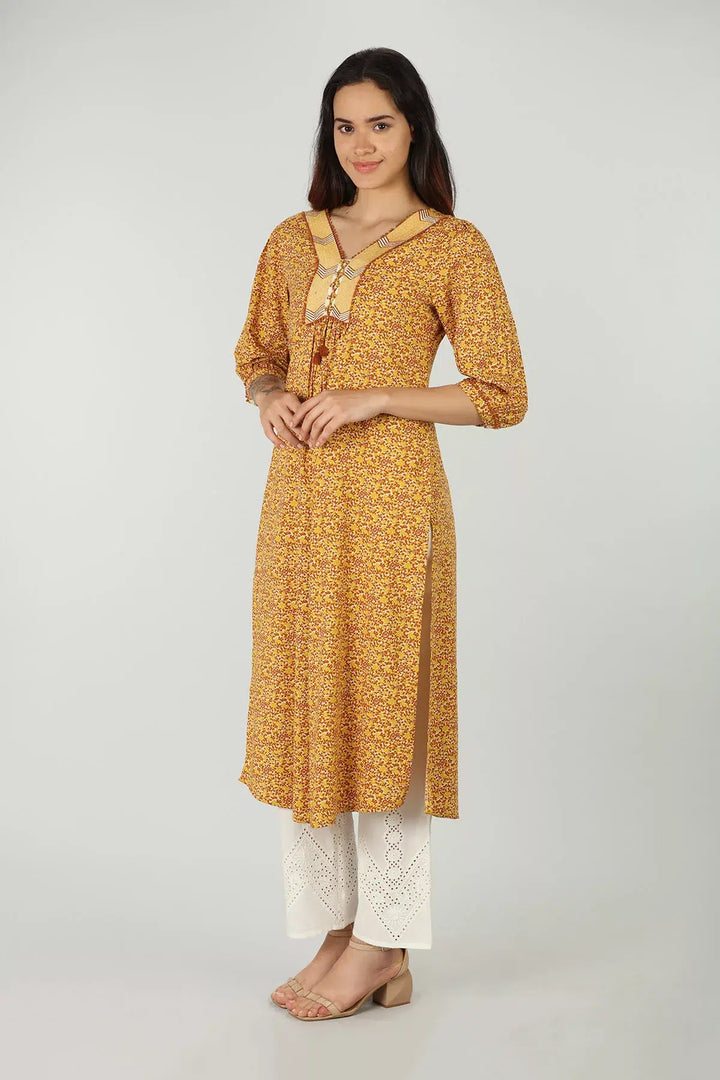 Mustard V-Neck Kurti (Printed)