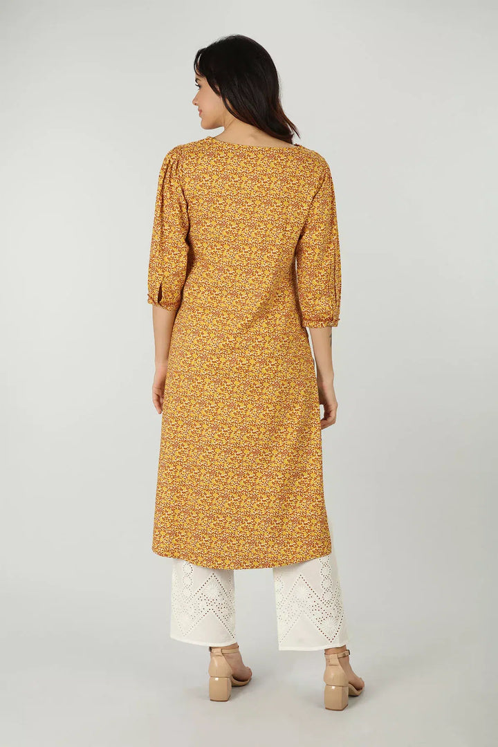 Mustard V-Neck Kurti (Printed)