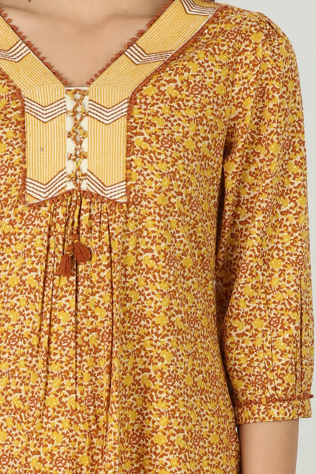 Mustard V-Neck Kurti (Printed)