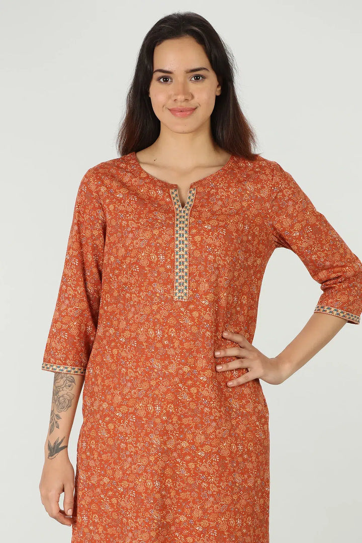 Cotton round neck kurti  (Rust)