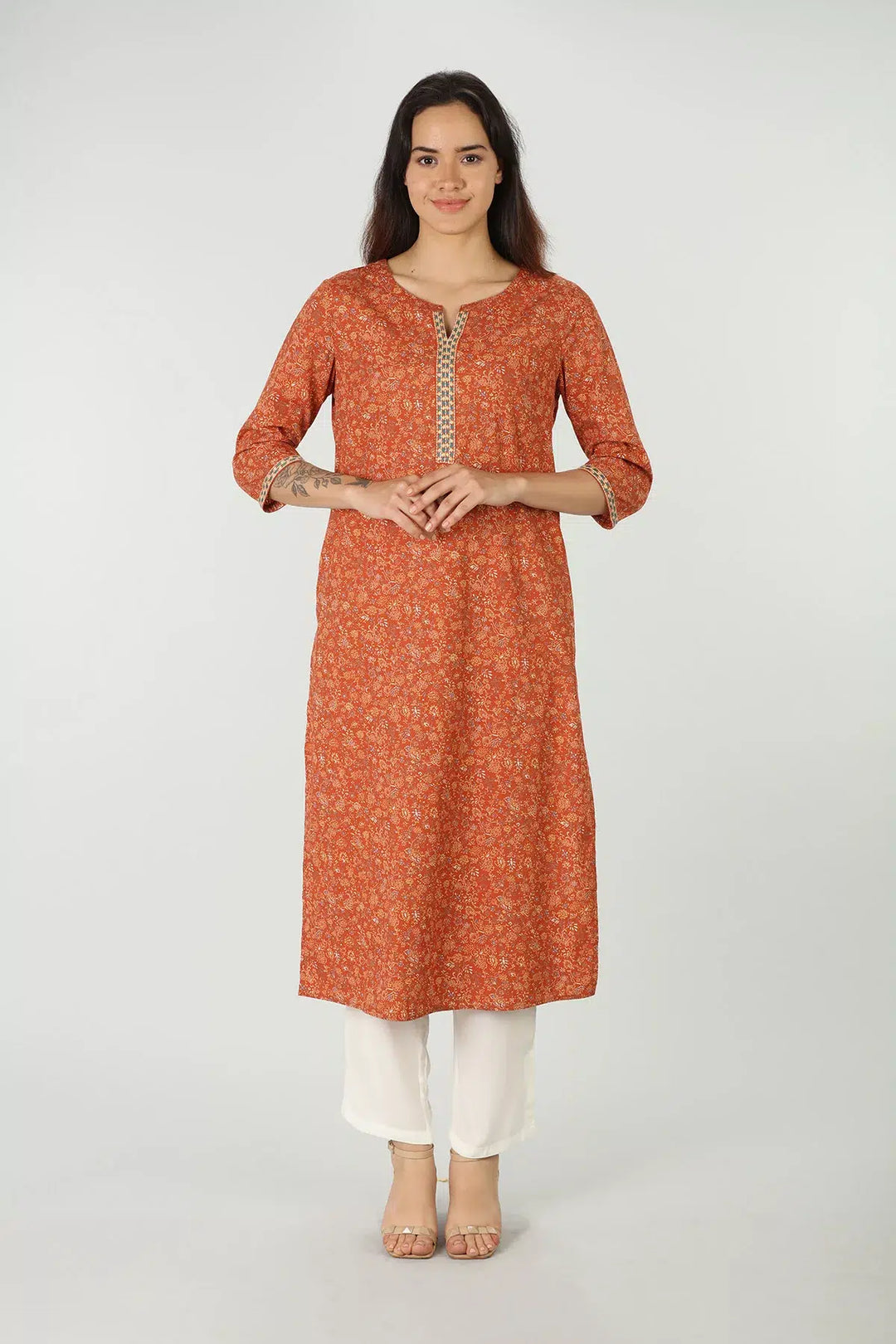 Cotton round neck kurti  (Rust)