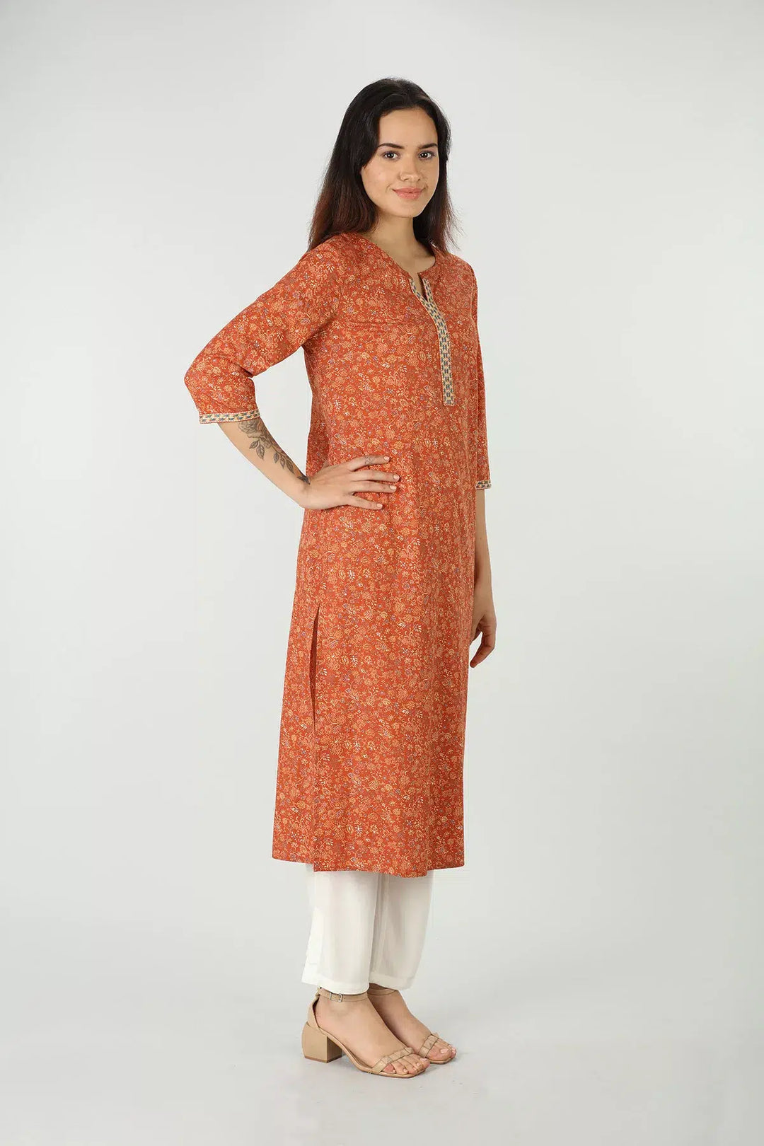 Cotton round neck kurti  (Rust)