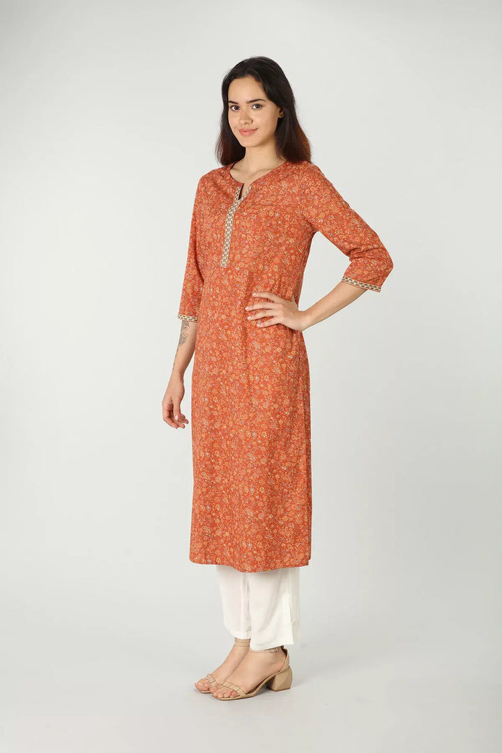 Cotton round neck kurti  (Rust)