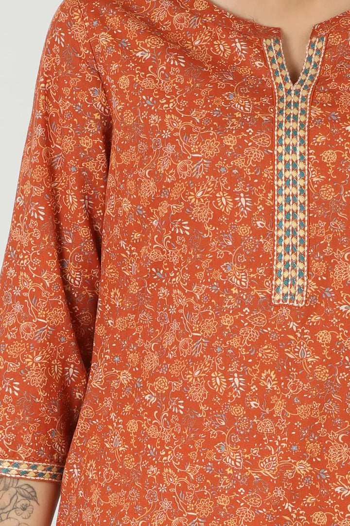 Cotton round neck kurti  (Rust)