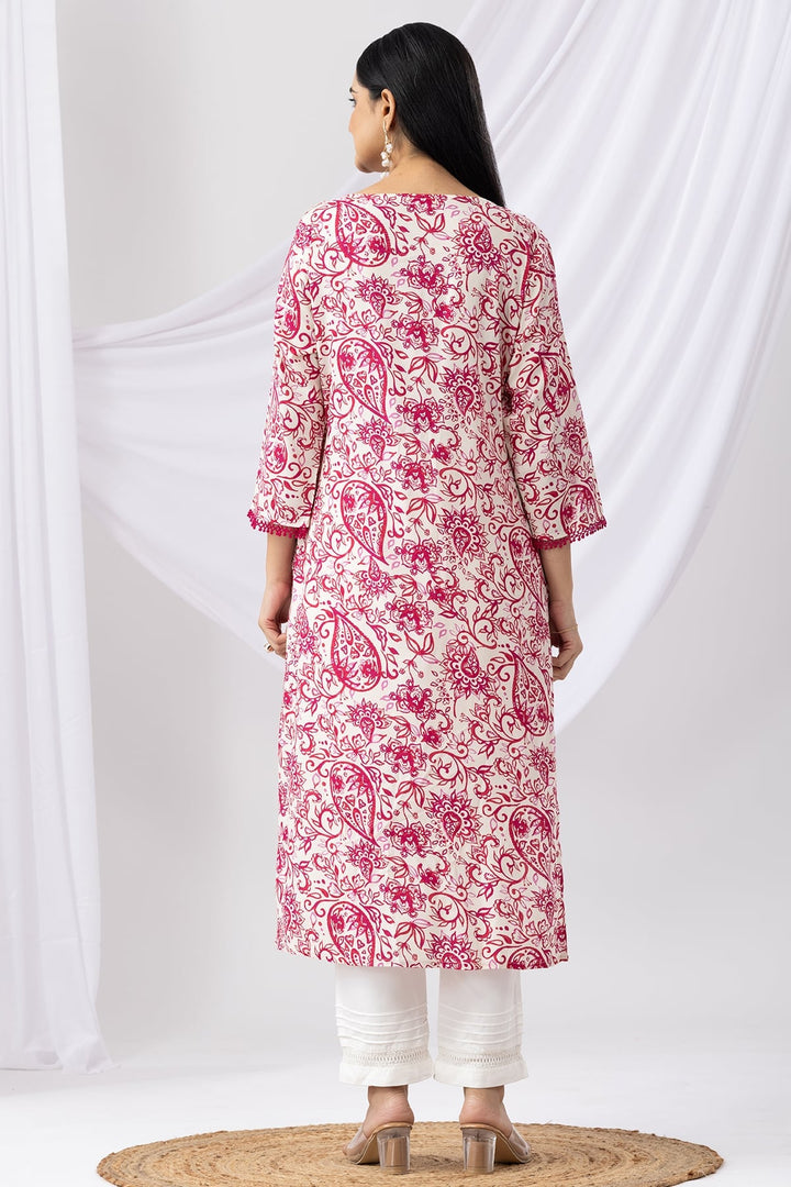 Pink &amp; White Printed Rayon Kurti with Mandarin Collar