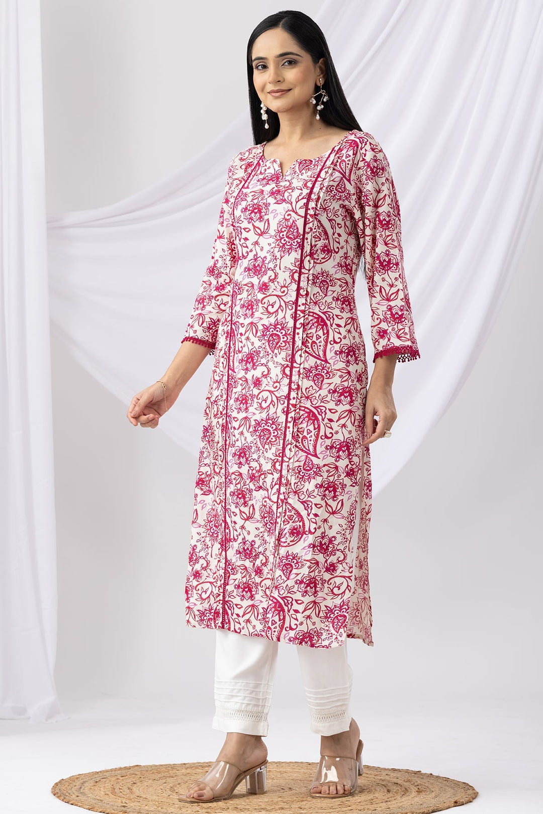 Pink &amp; White Printed Rayon Kurti with Mandarin Collar