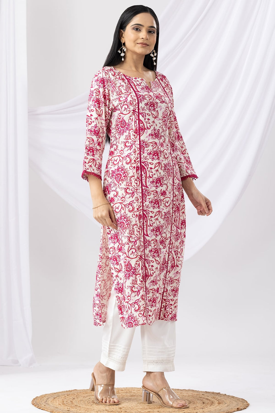 Pink &amp; White Printed Rayon Kurti with Mandarin Collar