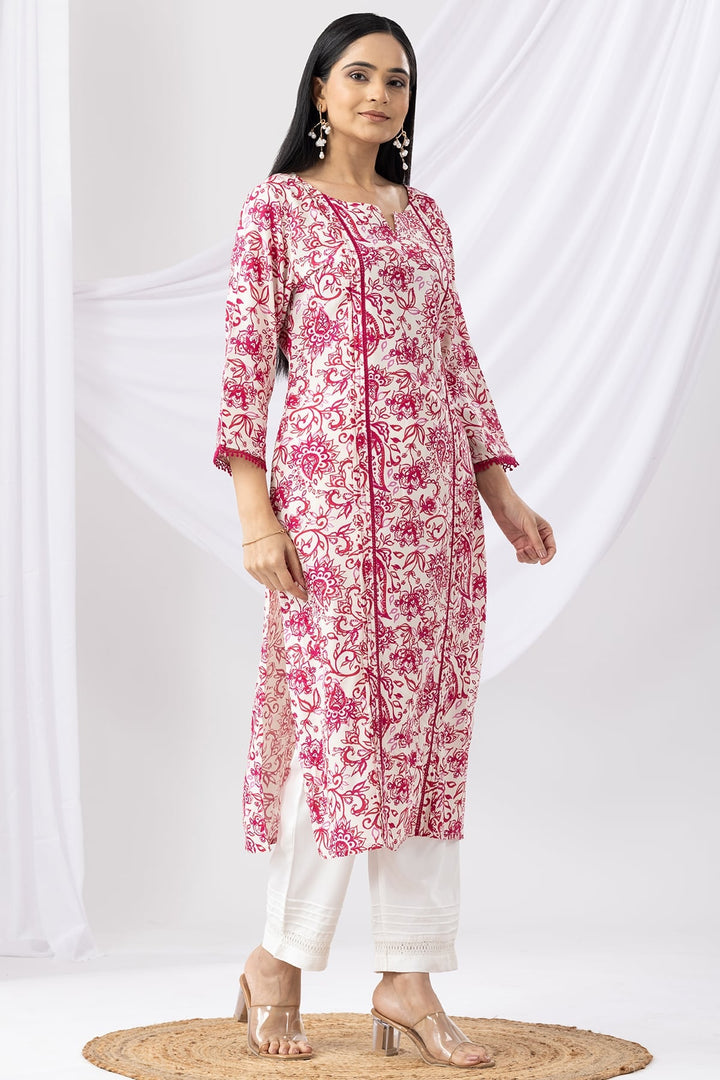 Pink &amp; White Printed Rayon Kurti with Mandarin Collar
