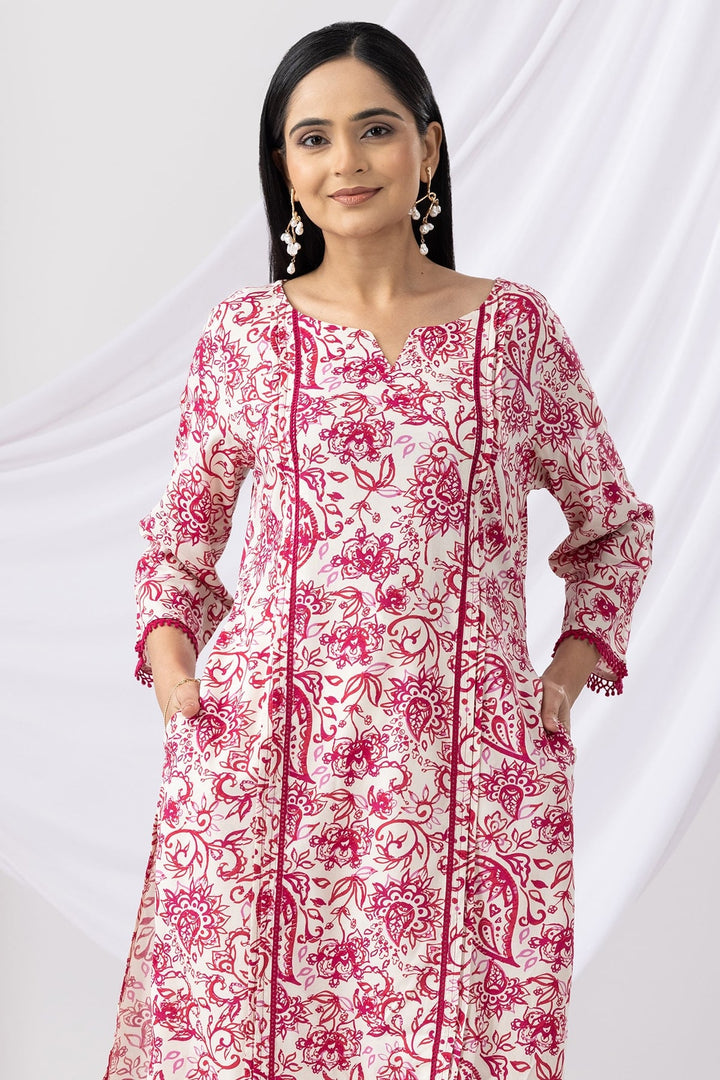 Pink &amp; White Printed Rayon Kurti with Mandarin Collar