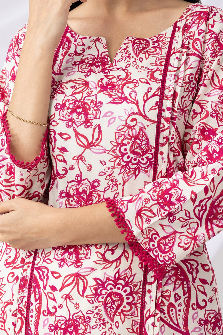 Pink &amp; White Printed Rayon Kurti with Mandarin Collar