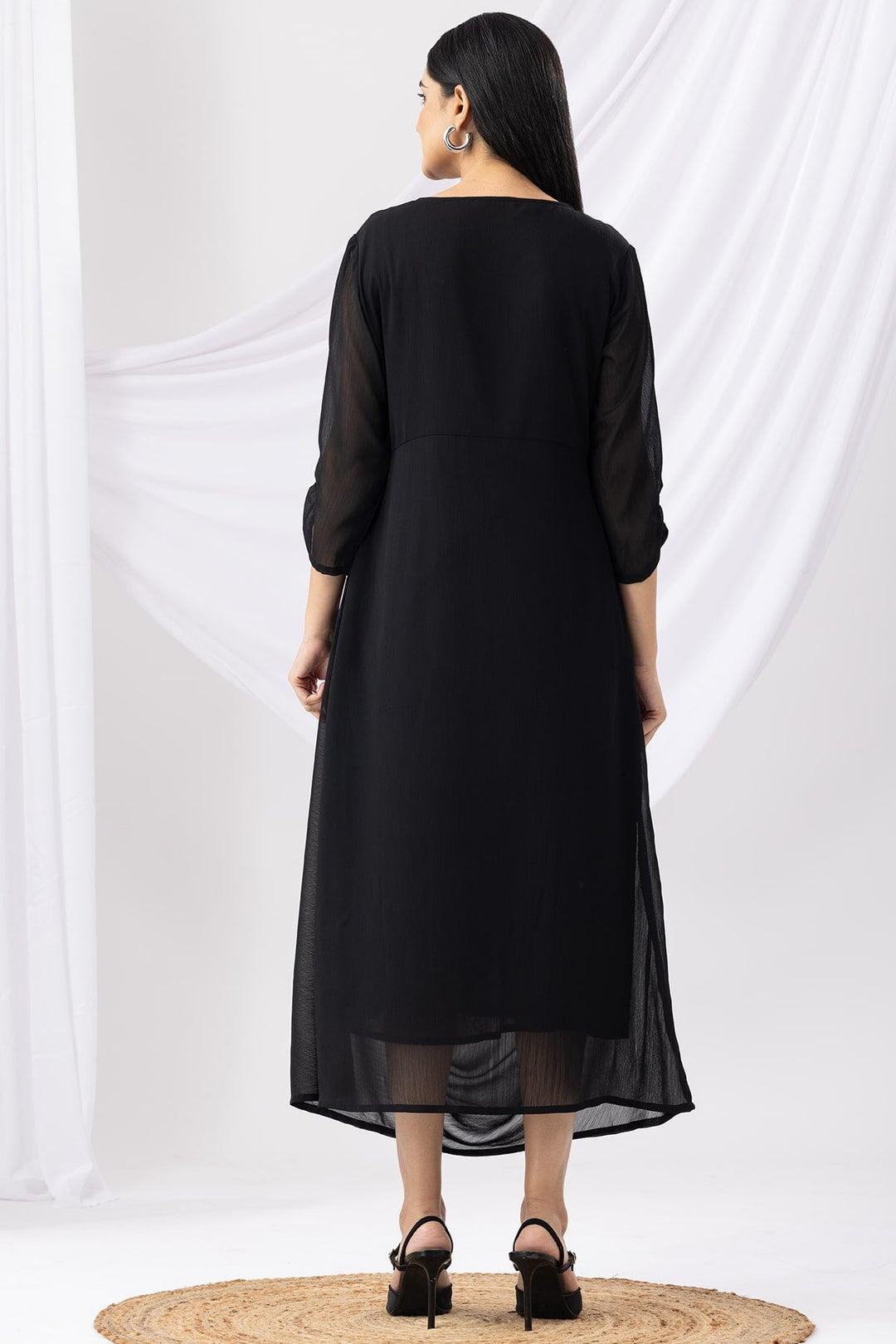 Black Embroidered V-Neck Casual Dress with 3/4th Sleeves