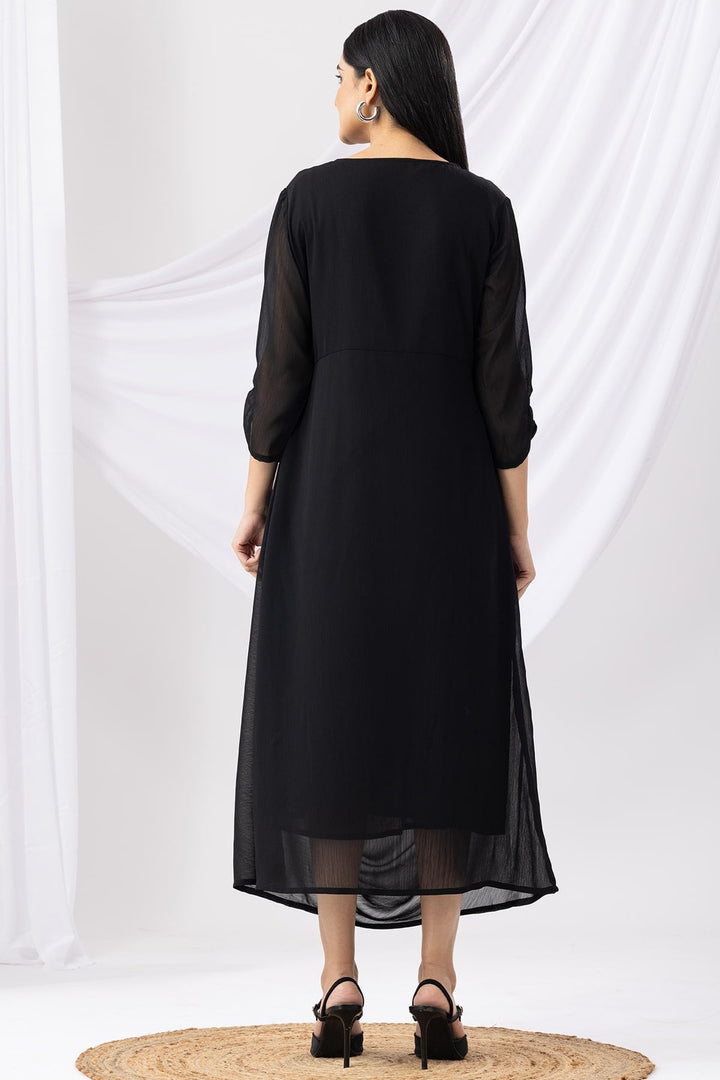 Black Embroidered V-Neck Casual Dress with 3/4th Sleeves