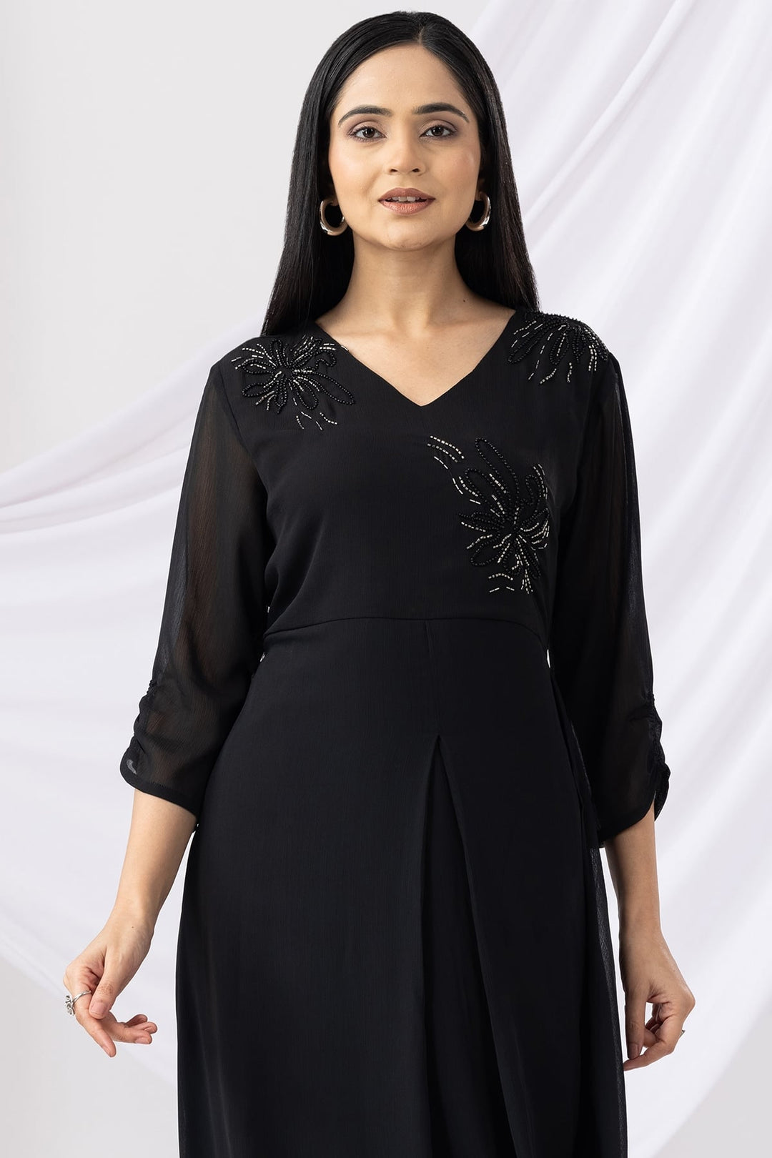Black Embroidered V-Neck Casual Dress with 3/4th Sleeves