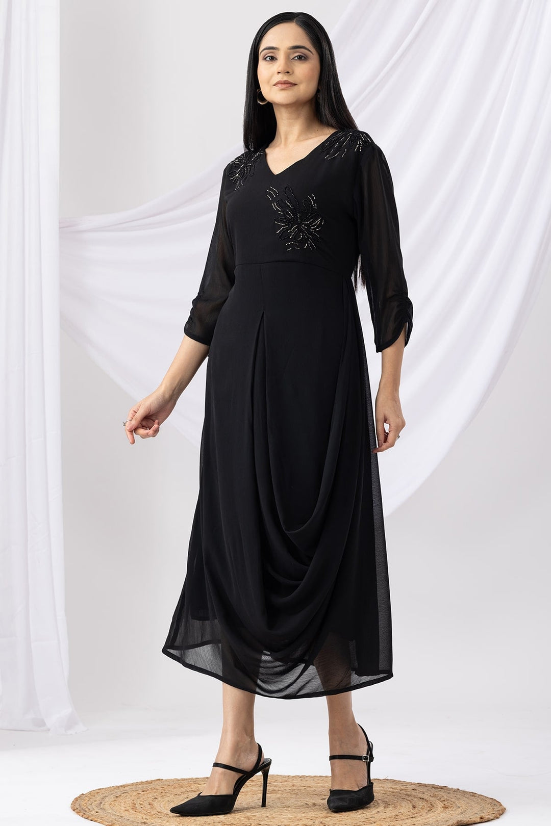 Black Embroidered V-Neck Casual Dress with 3/4th Sleeves