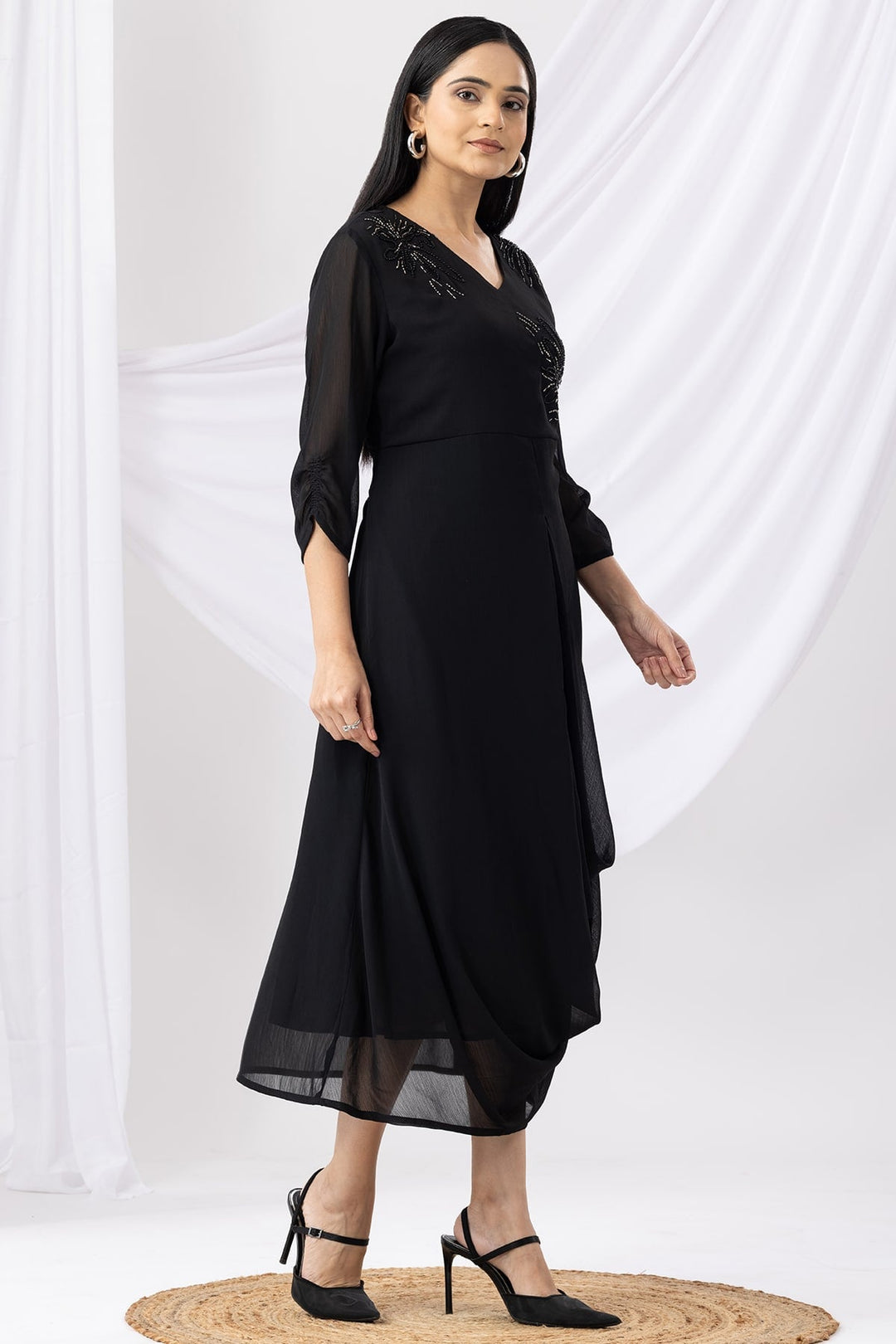 Black Embroidered V-Neck Casual Dress with 3/4th Sleeves