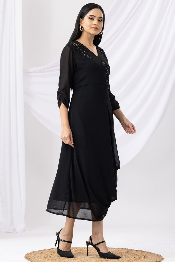 Black Embroidered V-Neck Casual Dress with 3/4th Sleeves