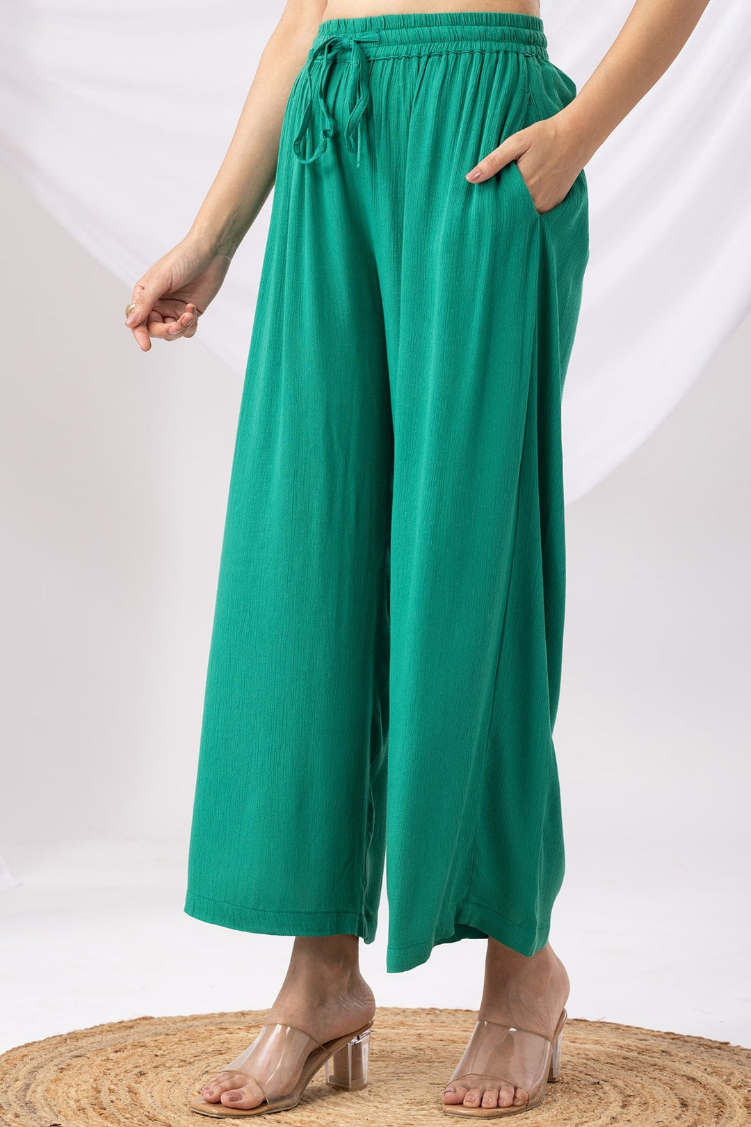 Neon Green Solid Viscose Co-ord Palazzo with Regular Fit