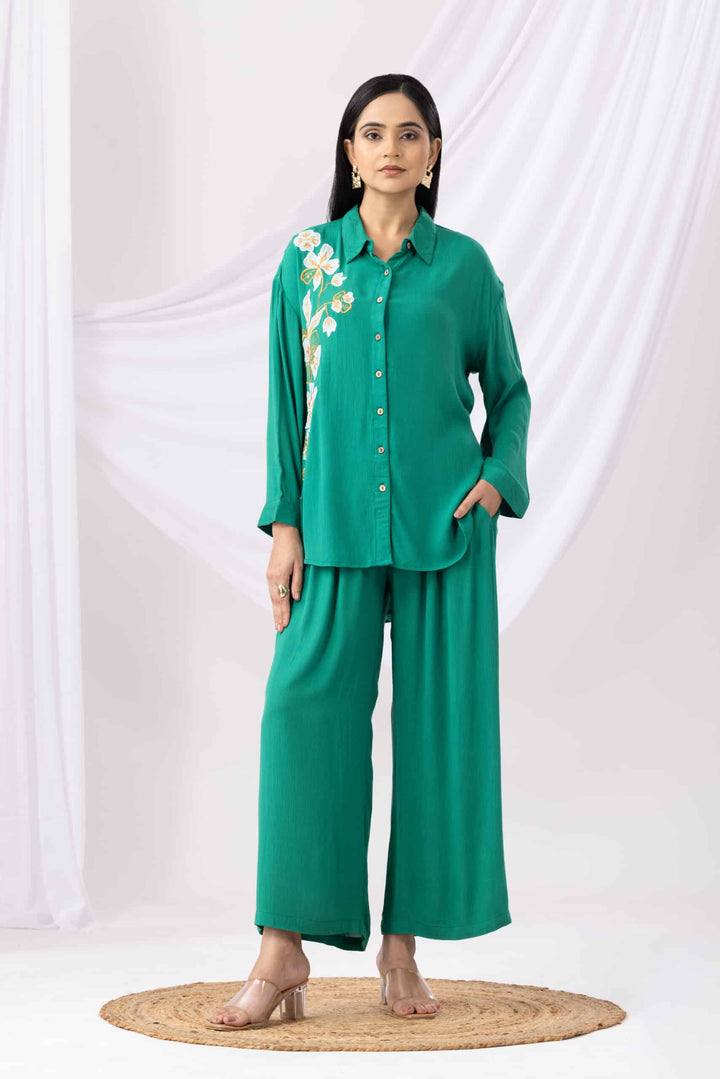 Neon Green Embroidered Viscose  Co-ord Top with Collared Neck