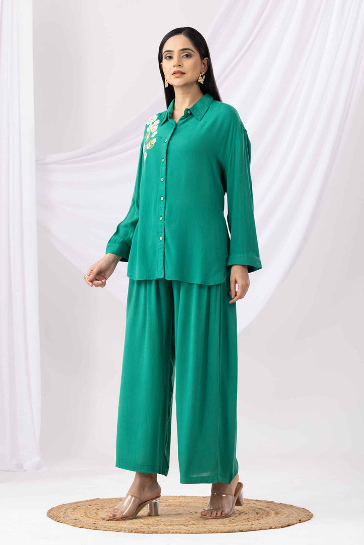 Neon Green Embroidered Viscose  Co-ord Top with Collared Neck