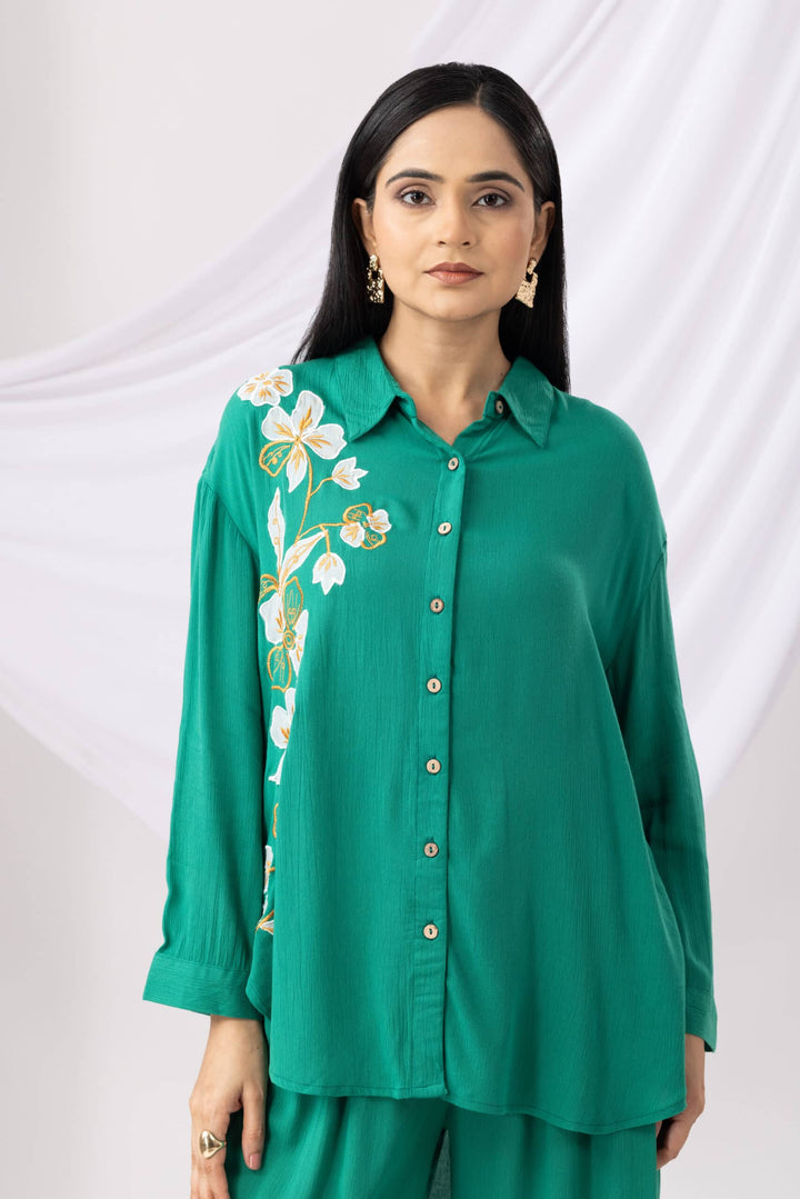 Neon Green Embroidered Viscose  Co-ord Top with Collared Neck