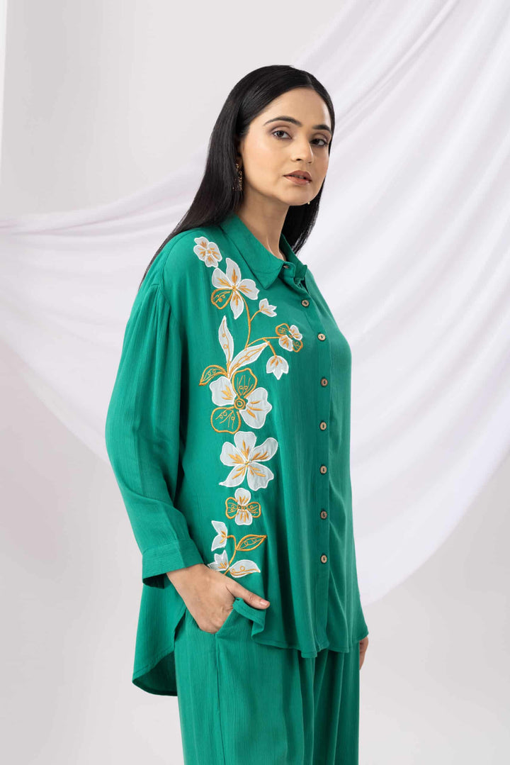 Neon Green Embroidered Viscose  Co-ord Top with Collared Neck