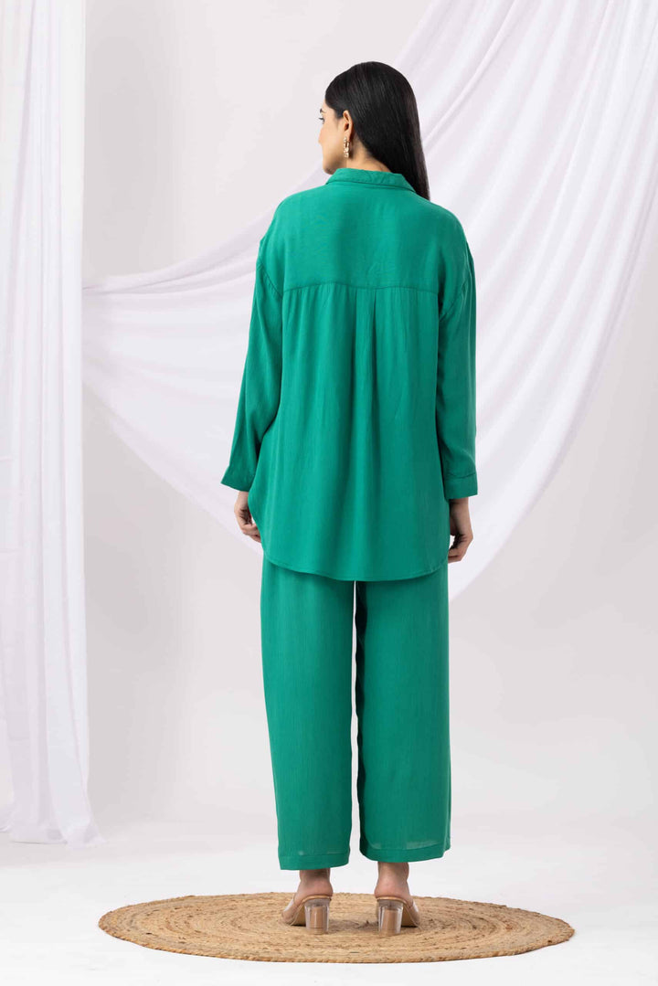 Neon Green Embroidered Viscose  Co-ord Top with Collared Neck