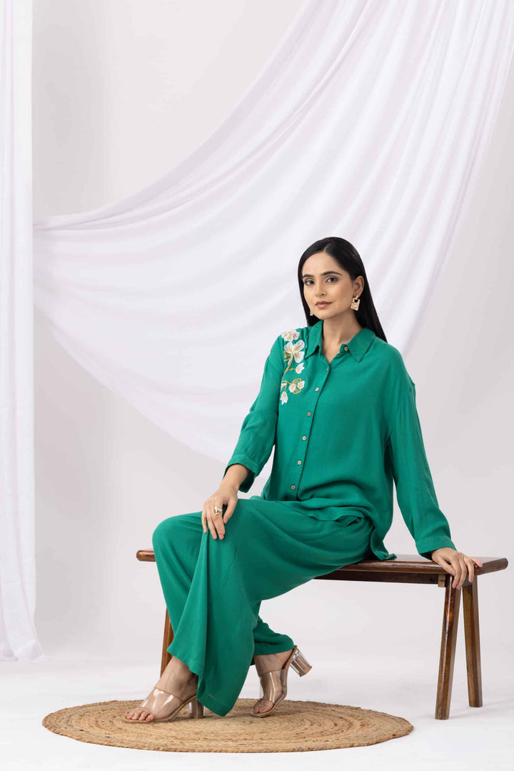 Neon Green Embroidered Viscose  Co-ord Top with Collared Neck