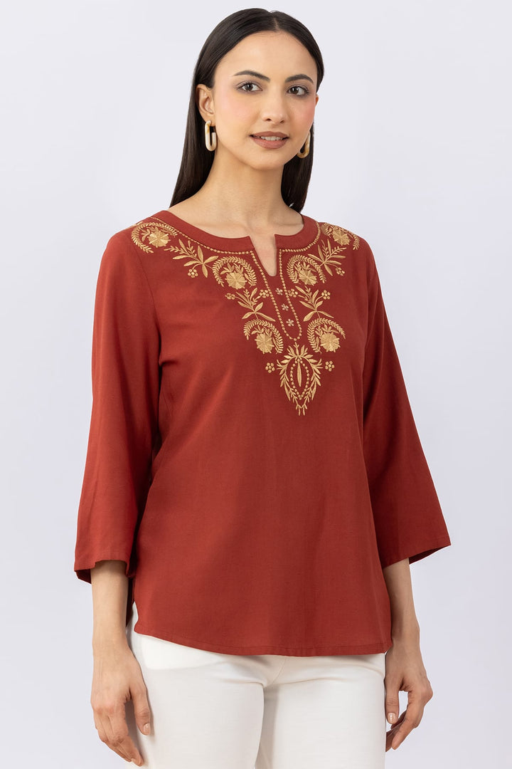 Rust Brown Cotton Linen Top with Round Neck
