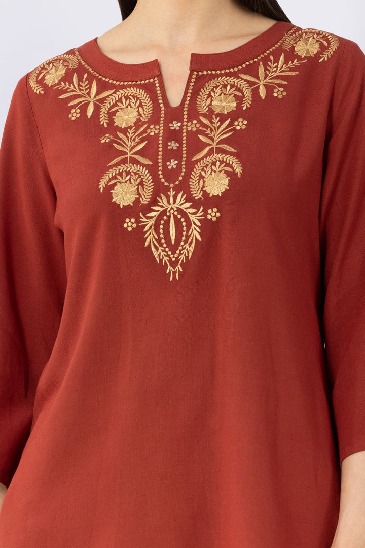 Rust Brown Cotton Linen Top with Round Neck