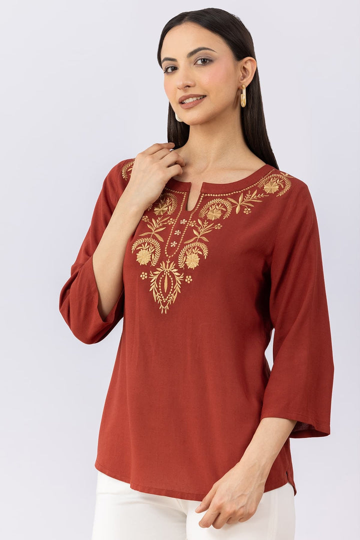 Rust Brown Cotton Linen Top with Round Neck
