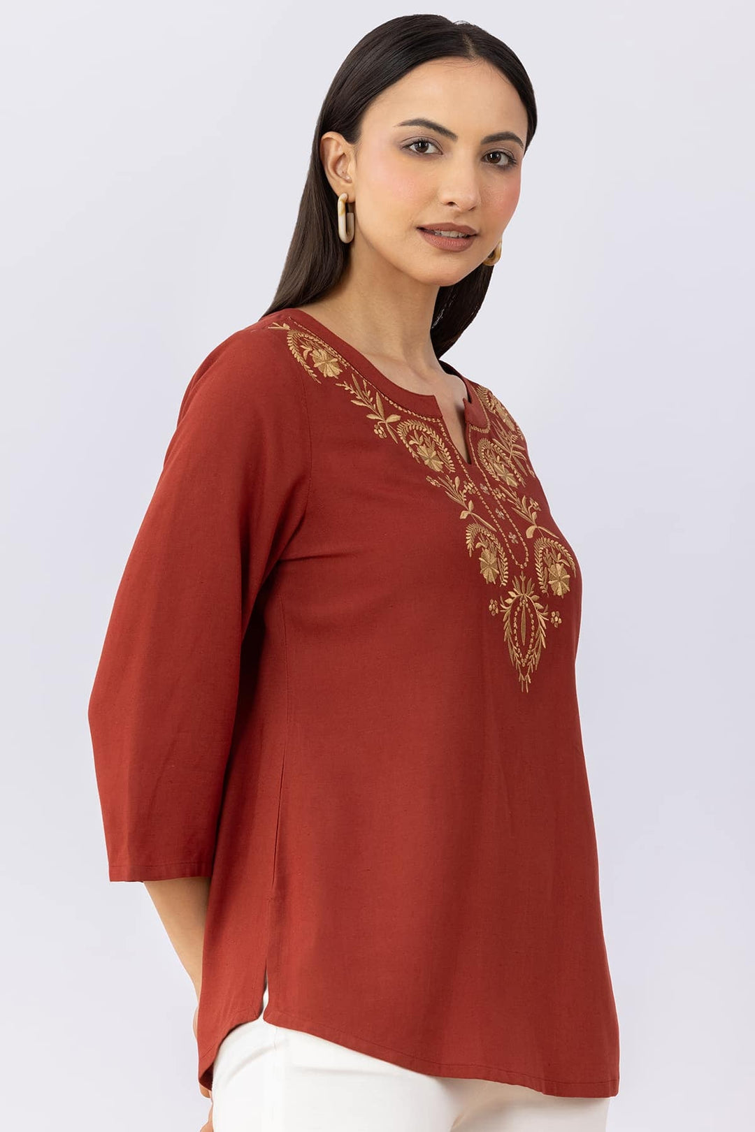 Rust Brown Cotton Linen Top with Round Neck
