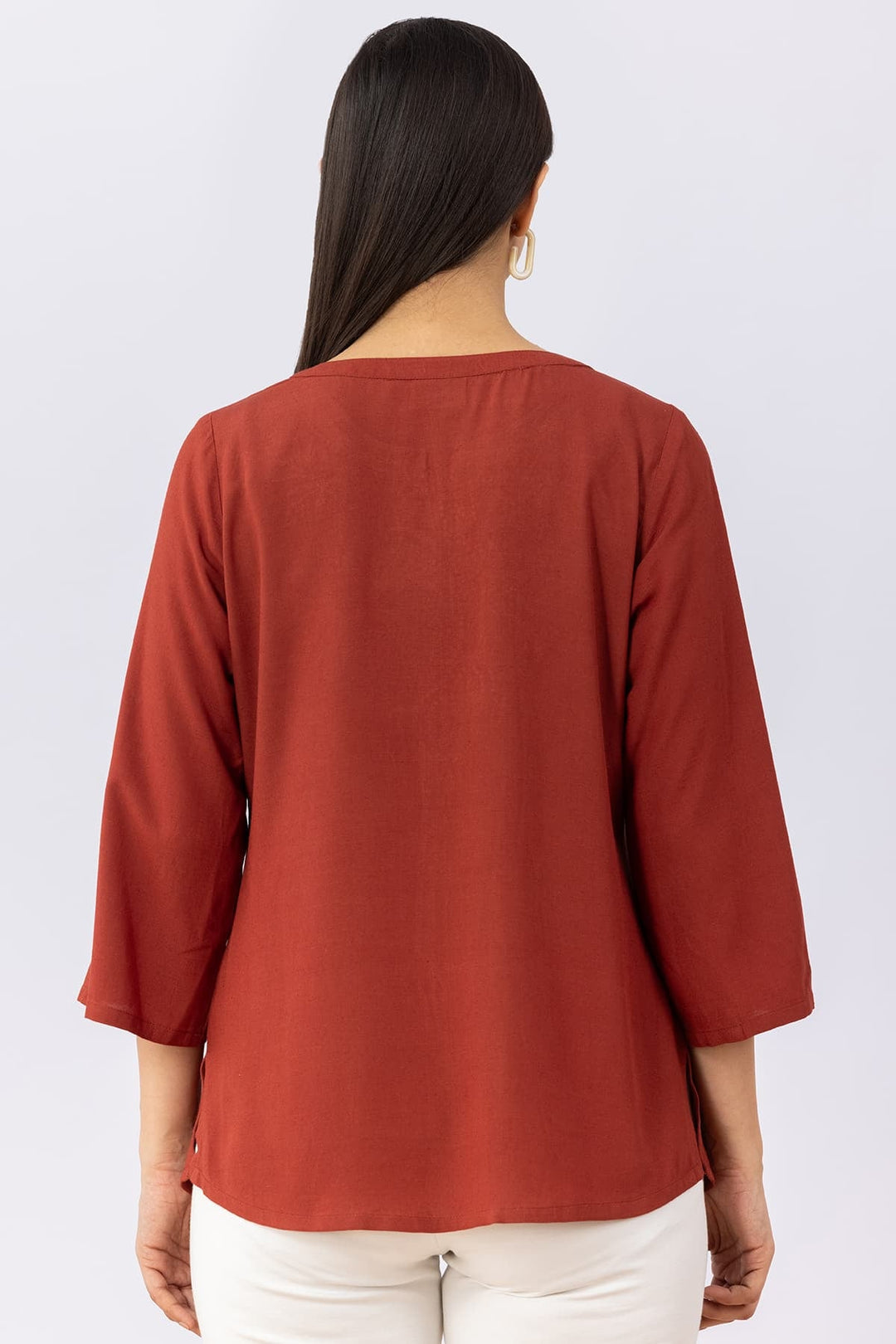 Rust Brown Cotton Linen Top with Round Neck