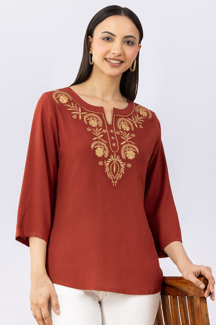 Rust Brown Cotton Linen Top with Round Neck