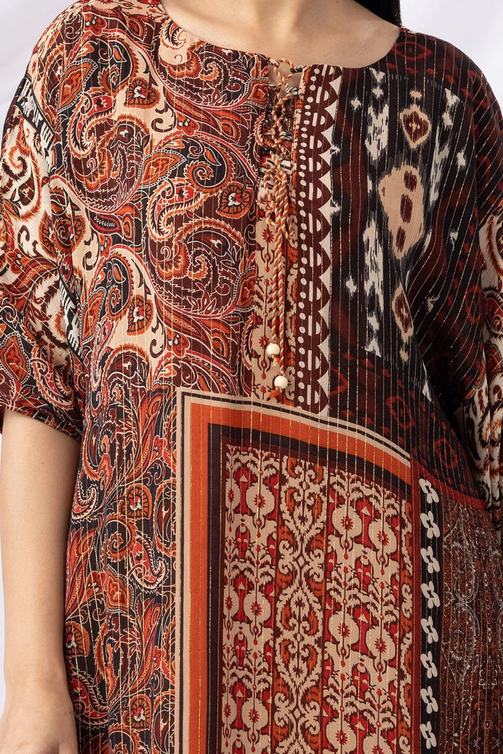 Rust Printed Lurex Georgette Kaftan with Round Neck &amp; Kimono Sleeves