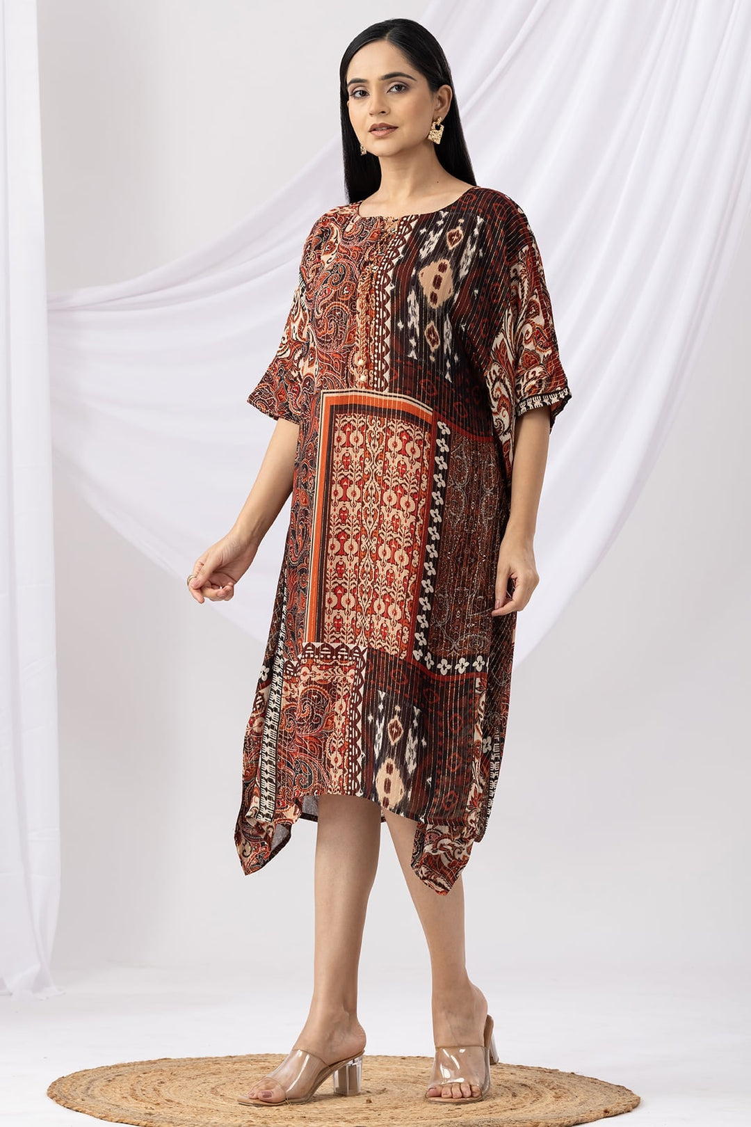 Rust Printed Lurex Georgette Kaftan with Round Neck &amp; Kimono Sleeves