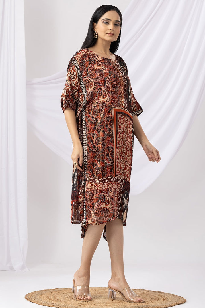 Rust Printed Lurex Georgette Kaftan with Round Neck &amp; Kimono Sleeves