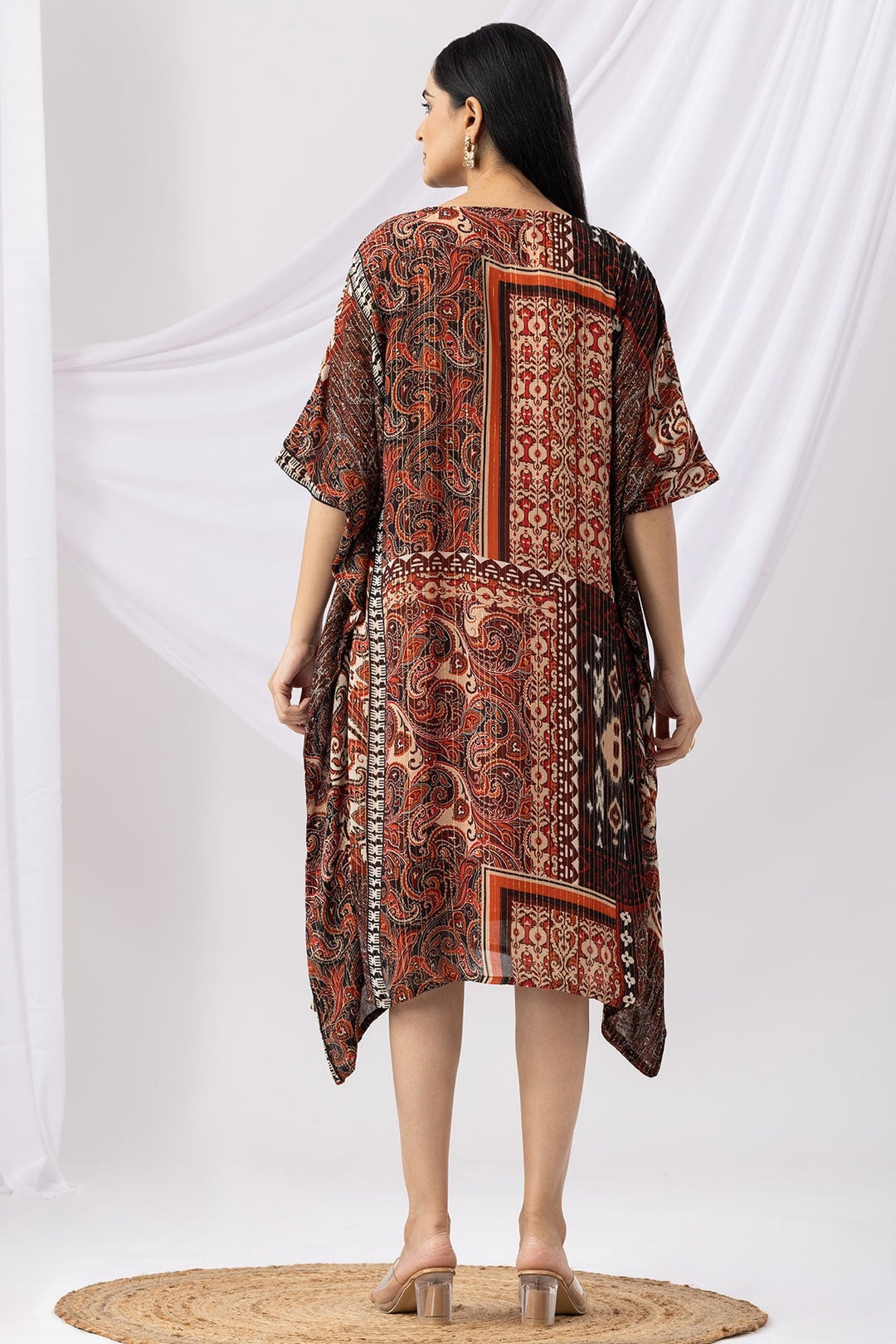 Rust Printed Lurex Georgette Kaftan with Round Neck &amp; Kimono Sleeves