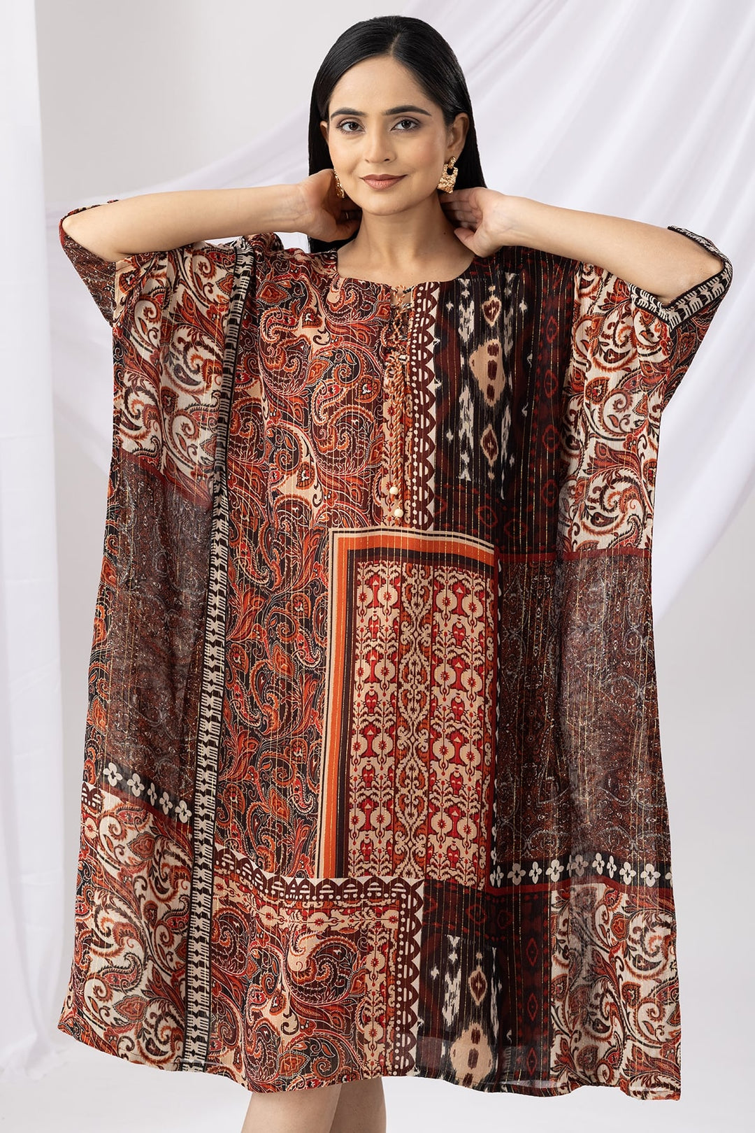 Rust Printed Lurex Georgette Kaftan with Round Neck &amp; Kimono Sleeves
