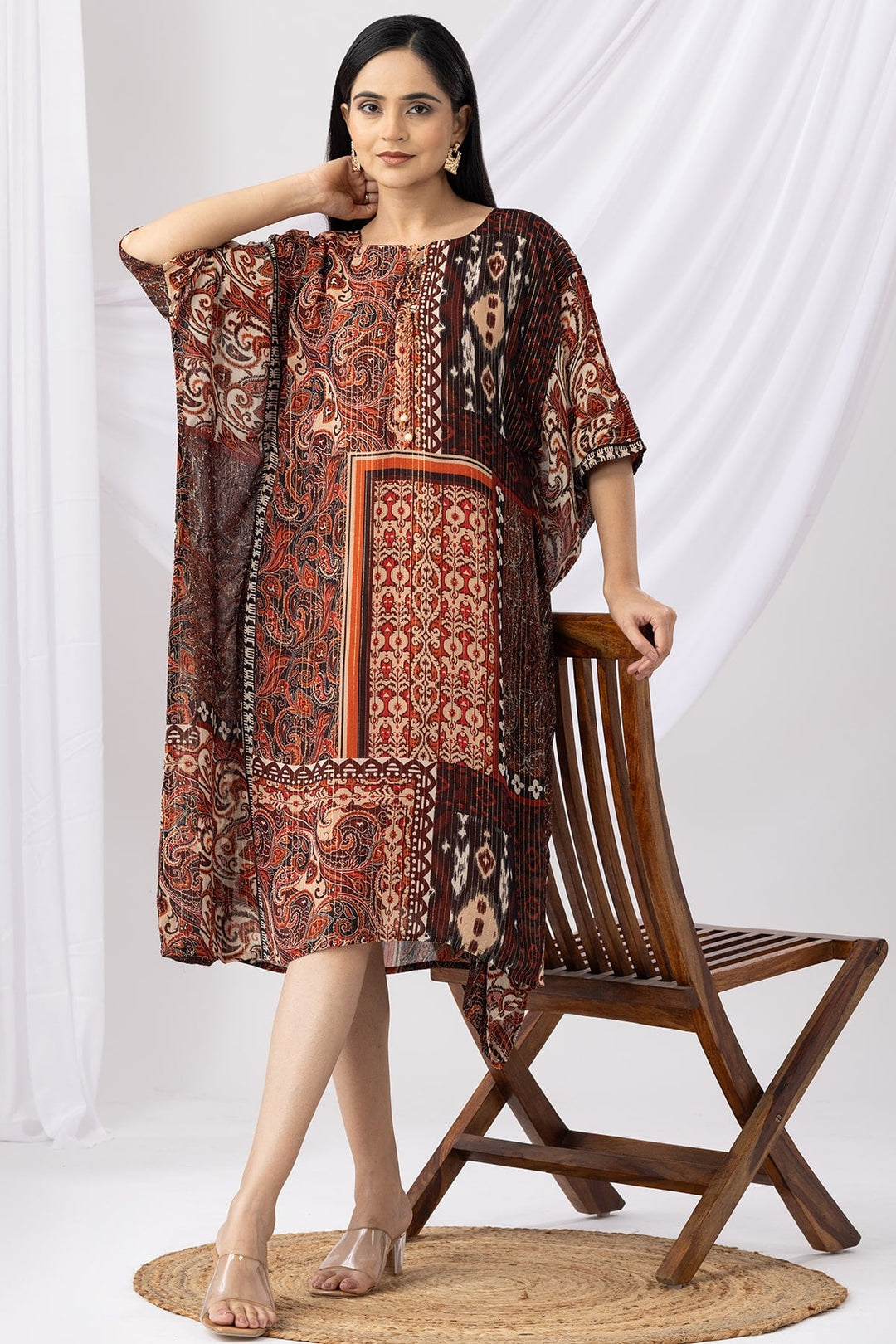 Rust Printed Lurex Georgette Kaftan with Round Neck &amp; Kimono Sleeves