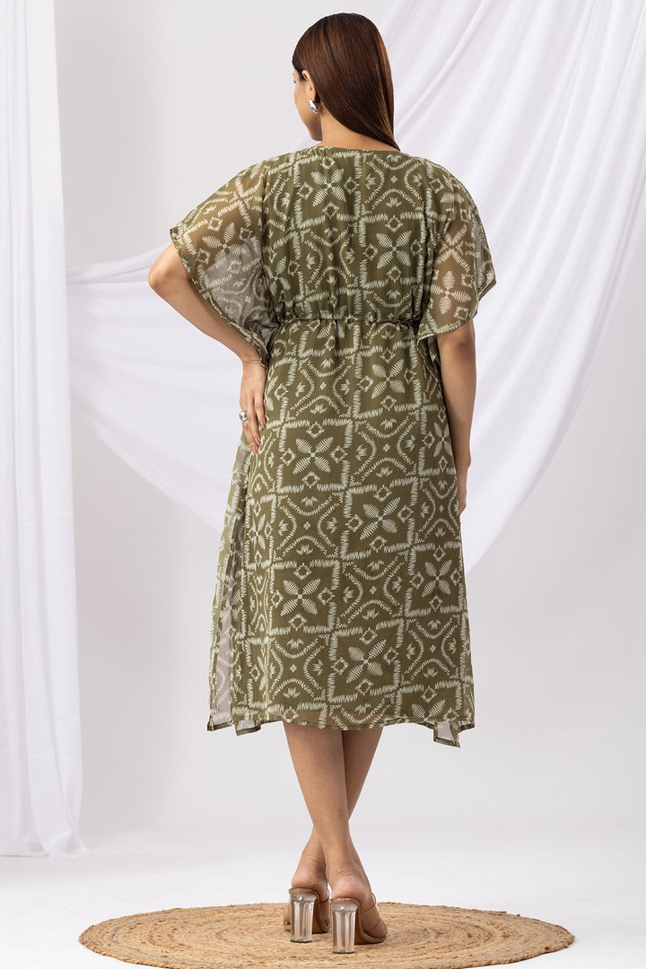 Green Printed Kaftan Dress with V Neck