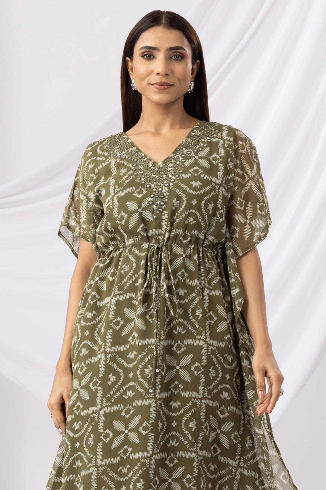 Green Printed Kaftan Dress with V Neck