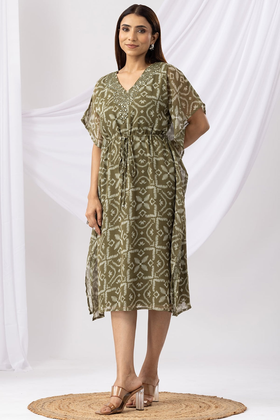 Green Printed Kaftan Dress with V Neck